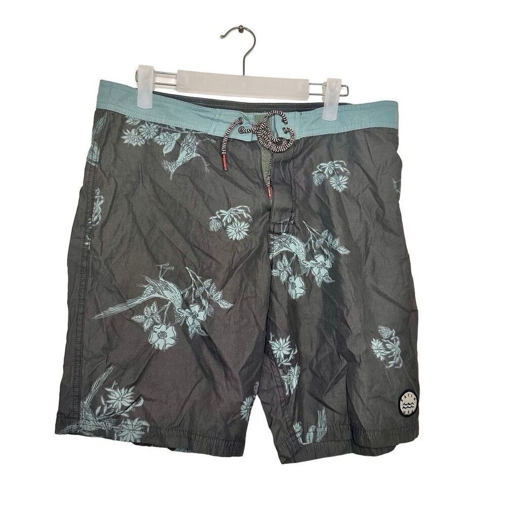 Katin USA America's Surf Co. Floral Bird AOP Print Swim Board Shorts Black Sz 32